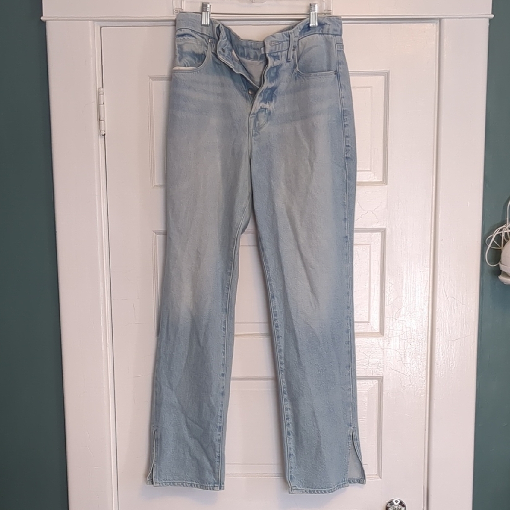 Good American Good Boy Straight Leg Split Hem Jeans in light blue wash Size 12